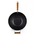 Ken Hom Carbon Steel Non-Stick Wok, 35cm, Classic, Stir-Fry Pan, Wooden Handle, Flat Base, Includes 1 x Chinese Wok Pan, Non-Induction, KH335001