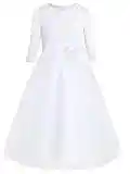 iEFiEL Kinder Mädchen Kleider Festlich Halb Arm Blumenspitze Brautjungfern Kleid Lang Prinzessin Hochzeit Party Kleid Tüllkleid Weiß 140