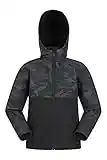 Mountain Warehouse Veste Enfant Exodus Softshell - Coupe-Vent, Imperméable Fille Et Garçon, Veste Polaire Unisexe, Veste À Capuche Conçue Pour Sport Et Voyage Noir Camo 7-8 ANS