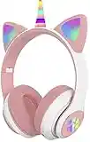 WikiMark Auriculares Unicornio Iluminado con Luces Led y Orejas de Gato, Bluetooth V5.0, Inalámbricos para Niños y Niñas con Limitación de Volumen. Puedes Responder Llamadas, (Blanco-Rosa)