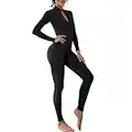 Vertvie Damen Jumpsuit Eng mit Reißverschluss Body Outfits Playsuit Langarm Bodycon Strampler Sportanzug Yoga Fitness Slim Jogginganzug(A-Schwarz,M)