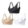 Comfyin Wireless Bras for Women Non Wired Seamless Bras with Removable Pads 3 Pack,Black+White+Beige,L