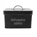 AuldHome Black Dishwasher Pod Holder, Tablet Container; Enamelware Kitchen Storage Tin with Lid