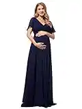 Ever-Pretty Robe Mère de Mariée Longue Femme Mousseline Classique Grossesse Enceinte Double V-col Manches Courtes Bleu Marine 50