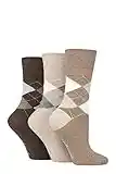 Gentle Grip Ladies 3 Pair Argyle Patterned Cotton Socks Argyle Brown/Neutral 4-8