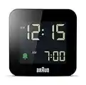 Braun digital travel alarm clock with snooze, compact size, negative LCD display, quick set, crescendo beep alarm in black, model BC08B