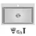 MENATT 28 Inch Drop-in Kitchen Sink, 304 Stainless Steel Topmount Handmade Residential Sink, Single Bowl Workstation Sink with Drain Kit (Brushed), 28"x18"x9"