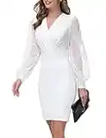 GRACE KARIN Bodycon Cocktail Dress for Women Mesh Contrast Bishop Sleeve Pencil Dress V Neck Evening Party All White M