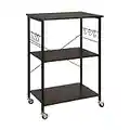 Amazon Basics 3-Tier Kitchen Microwave Utility Cart with Wheels, 6 Hooks - Black/Rustic Brown