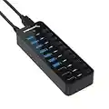 SABRENT 60W 10 Port USB 3.0 Hub Includes 3 Smart Charging Ports with Individual Power Switches and LEDs and 60W 12V/5A Power Adapter (HB-B7C3)