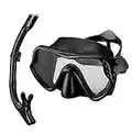 SixYard Dry Snorkel Set for Women and Men, Anti-Fog Tempered Glass Scuba Diving Mask, Panoramic Wide View Swimming Goggle, Easy Breathing and Professional Snorkeling Gear for Adults (Black)