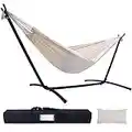 Hammock with Stand, Ohuhu Double Hammock with Space Saving Steel Stand & Pillow, 2 Person Hammocks with Portable Carrying Bag for Camping Garden Patio & Indoor Use, Beige, Gift for Birthday