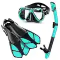 Zenoplige Mask Fins Snorkel Set Adults Snorkeling Gear, Snorkel Mask 180 Panoramic View Anti-Fog Anti-Leak Dry Top Snorkel and Dive Flippers Kit with Travel Bag for Swimming Scuba Diving Men Women