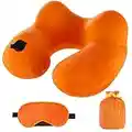 Amazon Brand - Eono Almohada del Viaje Hinchable, Almohada Inflable del Cuello, Cojin Cervical Viaje, Hecho de Terciopelo Suave y Funda Lavable con Máscara de los Ojos y Bolsa de Transporte, Naranja