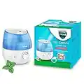 Vicks Mini Cool Mist ultrasonic humidifier - Adjustable mist control - 1.8 L Tank - Home use in bedrooms, offices, nurseries - Rooms to 15m2 - Quiet operation - Essential oil pads included - VUL525