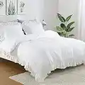 CAROMIO White Ruffle Duvet Cover Queen Size, 3PCS Soft Washed Microfiber Vintage French Country Duvet Cover Set for Queen Bed, White, 90x90 in