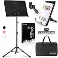 CAHAYA 5 in 1 Dual-use Sheet Music Stand & Desktop Book Stand Metal Portable Solid Back Height Adjustable from 31.4-57in with Book Stand Support, Carrying Bag, Sheet Music Folder and Clip