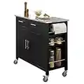 SoBuy FKW108-SCH Carrito de Cocina con Piso de Acero Inoxidable Mueble de almacenaje con Ruedas Buffet Multifuncional con Estante Lateral, Puertas y cajones 107x46x94 cm ES