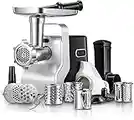 FOHERE Electric Meat Grinder, Multifunktion Food Grinder with 3 Grinding Plates, 4 Vegetable Cheese Slicer, Sausage Stuffer Tube, Kubbe Maker and Tomato Strainer Juicer, Stainless Steel