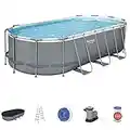 Bestway Power Steel 18' x 9' x 48" Oval Metal Frame Above Ground Outdoor Swimming Pool Set with 1500 GPH Filter Pump, Ladder, and Pool Cover