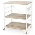 TANGZON 3-Tier Kitchen Baker's Rack on Lockable Wheels, Steel Frame Microwave Oven Shelf with 2 Adjustable Shelves & 10 S-Hooks, Rolling Serving Trolley for Living Room Office Restaurant (Natural)