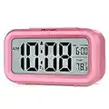 Peakeep Smart Night Light Alarm Clock Battery Operated with Indoor Temperature, Desk Digital Clock for Kids Girls Bedrooms (Pink)