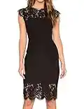 MEROKEETY Women's Sleeveless Lace Floral Elegant Cocktail Dress Crew Neck Knee Length for Party A-Black