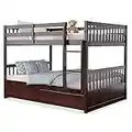 KOMFOTT Wood Bunk Bed with Trundle Full Over Full, Bunk Bed Frame with Ladder, Solid Wood Frame & Safety Guardrails, Space-Saving Bunk Bed for Teens & Adults, No Box Spring Needed (Espresso)