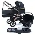 Pixini Kinderwagen Nelio 3in1 Kombikinderwagen, inkl. Babywanne & Buggy & Auto-Babyschale & Wickeltasche/Becherhalter/Regenschutz/Adapter (gold/schwarz)