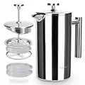 Secura French Press Coffee Maker, 304 Grade Stainless Steel Insulated Coffee Press with 2 Extra Screens, 34oz (1 Litre), Silver