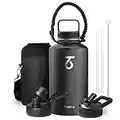 Trebo Half Gallon Water Bottle with Paracord Handle 64oz Wide Mouth Insulated Double Wall Stainless Steel Large Sports Flask Keep Hot 24 Hours & Cold 48 Hours Water Jug with 3 Lids, Black