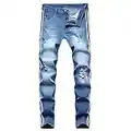 Lu's Chic Men's Stacked Jeans Skinny Ripped Fashion Stretch Side Striped Distressed Denim Pants, Blue, X-Large