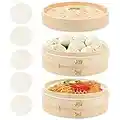 QUOTRE Dampfgarer Bambus 20 cm 2 Etagen Bambusdämpfe für Reis, Dim Sum, Gemüse, Fisch und Fleisch - Dumpling Maker inkl. 5 Baumwolltüchern