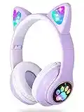 Kids Headphones, LAIBUY Cat Ear LED Light Up Foldable Bluetooth Headphone for Kids,2 in 1 Wired/Wireless Mode HD Stereo Sound for PC/Phone/iPad/Study/Travel (Purple)