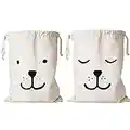 2Pc Sac à Linge Grand Sac à Ling en Toile avec Cordon Drawstring Sac de Rangement pour Vêtement Jouets Voyage Maison Randonnée Sleep & Smile Bear 60 x 48CM