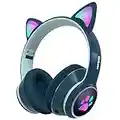 Mokata Gaming Bluetooth 5.0 Wireless Headphones Over Ear Cat LED Light Foldable Music Headset with AUX 3.5mm Microphone (Built-in) for Adult & Kids PC TV Game Music Pad Laptop Cellphone Navy Blue