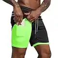 Leidowei Pantaloncini da uomo 2 in 1 per allenamento da corsa, leggeri, per allenamento, yoga, palestra, 7 pollici, con tasche con cerniera, Nero/fluorescente., M