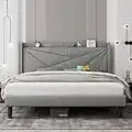 Feonase King Size Bed Frame with Type-C & USB Ports, Upholstered Platform Bed Frame with Wingback Storage Headboard, Solid Wood Slats Support, No Box Spring Needed, Noise-Free, Light Gray