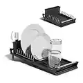 Clove Compact Expandable Dish Drainers Black with Drip Tray, Movable Cutlery Holder, Stainless Steel Dish Drying Rack, Extendable Dish Drainer Rack Single Tier Black Grey Drain Board (black)