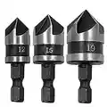 CEEYSEE 3 Pcs Hex Countersink Drill Bit Set 5 Flute 90 Degree Center Countersink Bits for Wood Quick Change Bit 12mm 16mm 19mm