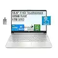 HP 2022 15.6" FHD Touchscreen Laptop, Intel Core i5-1135G7 Processor, 32GB DDR4 RAM, 1TB SSD, Intel Iris Xe Graphics, HD Webcam, HD Audio, USB-C, Windows 11, Silver, 32GB SnowBell USB Card