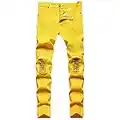 WJWLSKB Slim Fit Men's Jeans, Ripped Stretch Jeans Denim Pants, 1947 Yellow, 30