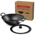 Uno Casa Wok in ghisa, 3,6 kg, con fondo piatto, con coperchio in silicone, 12 pollici, 5,2 Q, compatto, resistente wok a induzione per interni ed esterni