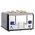 Toaster 4 Scheiben, CUSIMAX Toaster Edelstahl mit LED-Anzeige, 4 extra breite schlitze toaster schwarz, 2 individuelle Bedienfelder mit 6 Bräunungsstufen, Abbrechen, Aufwärmen & Auftauen Funktion