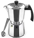 Cafe Du Chateau Espresso Maker - Stove Top Italian Coffee Maker with Transparent Top Lid, High Gloss Finish, Coffee Clip Spoon - 6 Cup Coffee Percolator and Moka Pot for Mocha Cappuccinos, Lattes