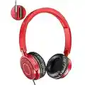 Headphones with Microphone, Portable Fold-Flat On-Ear Headsets Wired with Stereo Bass, Sound Isolating and Adjustable Headband for Adults at Home Office Travel, Red