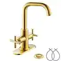 Brushed Gold 2-Handle 4 Inch Centerset Bathroom Faucet with Drain,Deck Plate and Supply Hoses by phiestinaFit for 1-3 Hole, SGF002-10-BG