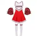 TiaoBug Déguisement Cheerleaders Enfant Fille Costume Pom-pom Girl Cosplay Carnaval Halloween Noël Robe Ecole et Pompoms Ensemble Fête Journée des Enfants 3-12 Ans Rouge 7-8 ans