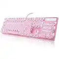 Camiysn Typewriter Style Mechanical Gaming Keyboard, Pink Retro Punk Gaming Keyboard with White Backlit, 104 Keys Blue Switch Wired Cute Keyboard, Round Keycaps for Windows/Mac/PC