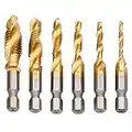 JTENG 6 Pezzi Punte Trapano, Maschi Countersink Tap Drill Bit HSS Imposta Combinazione ​Attacco Filettare e Svasare l’imboccatura Innesto Esagonale Titanio Maschio per Filettare, M3/4/5/6/8/10